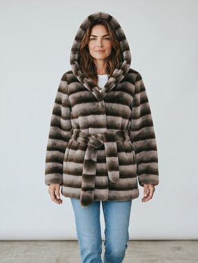 Luxury Faux Fur Hooded Coat Brown Striped Belted Jacket Soft Plush Winter Chic